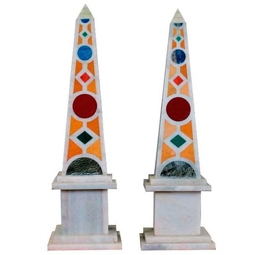 12" Obelisks Set of 2 Pieces Marble with Precious Stone Inlay Housewarming Gift