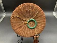 ONE 8” Round  Chinese Sewing Basket With Glass Ring  Tassel Handle  