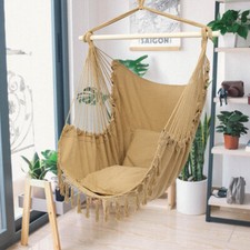 Beige Hammock Chair Swing Hanging Rope Net Chair Porch Patio with 2 Cushions US