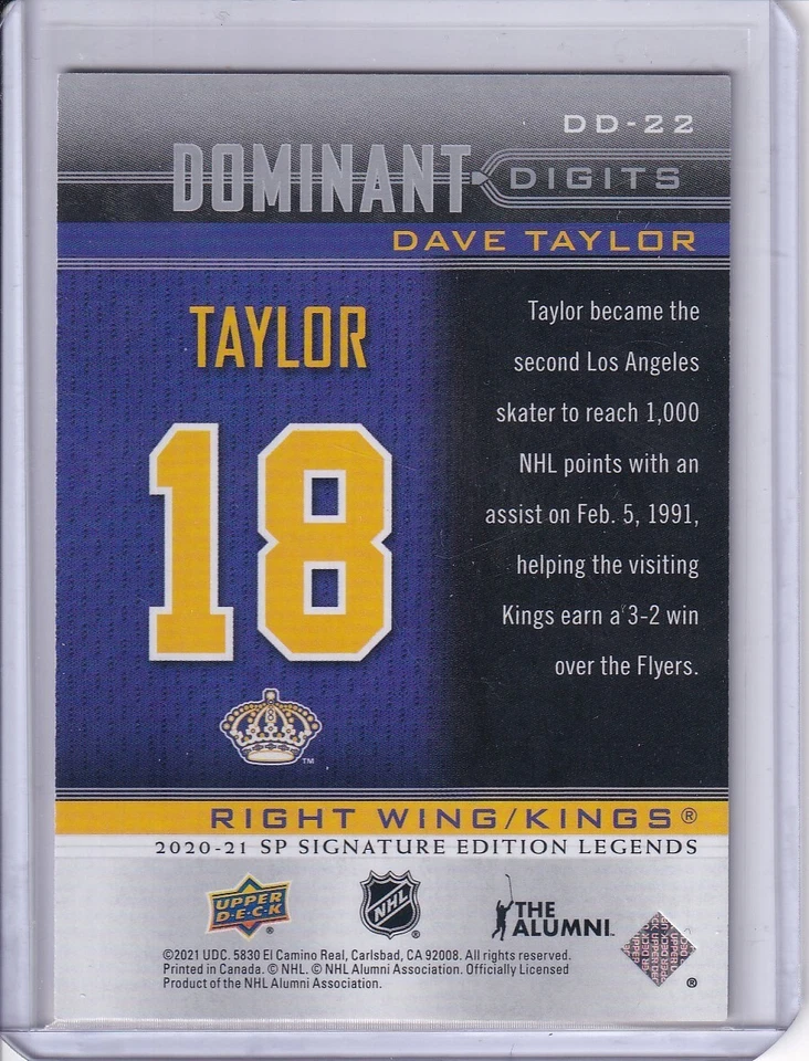 Dave Taylor,LA Kings 2020-21 SP Signature Edition Legends  Dominate Digits #DD22 - Image 2 of 2