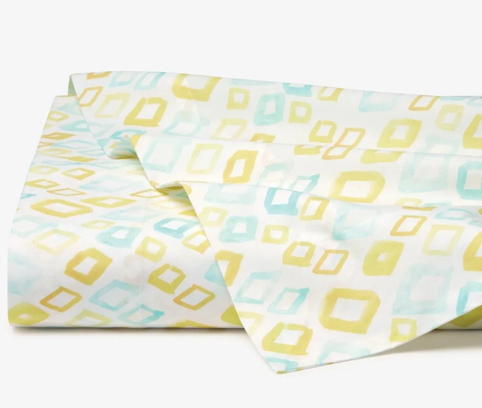 Sferra Geometrico Doble Sábana Plana Algodón Percal Aqua Amarillo Estampado Diamante NUEVO Foto 4 de 4