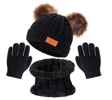 3 Pieces Baby Winter Warm Set Beanie Cap with Double Pom Kids Knitted Scarf Glov