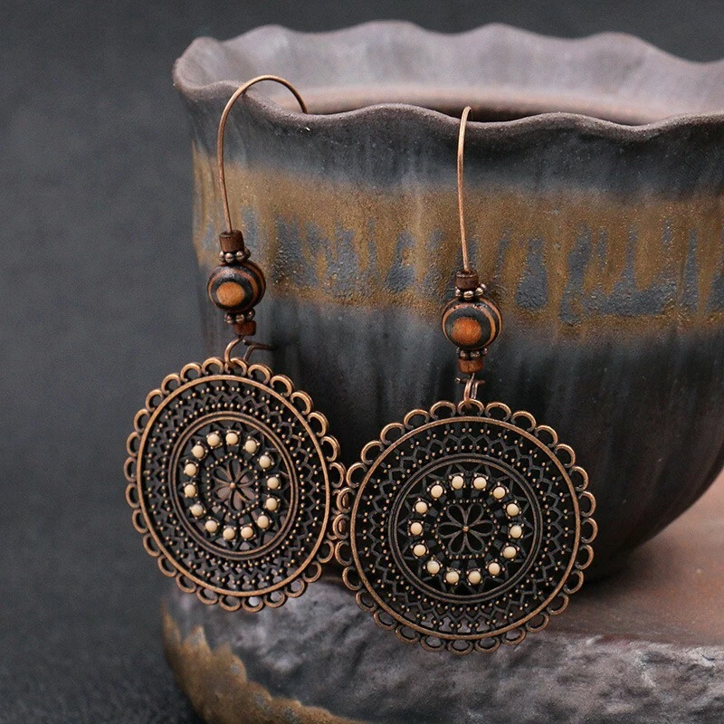 Pendientes bohemios vintage para mujer bronce envejecido cuentas de madera flores disco 1348 Foto 3 de 4
