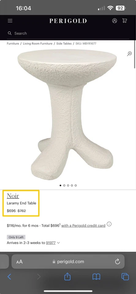 "Боковой/концевой столик из белого волокна цемента Noir ""Laramy""" - Изображение 2 из 3