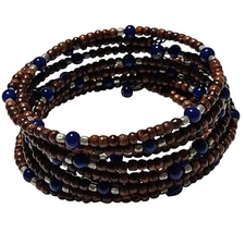 Handmade Boho Brown Blue Seed Beaded Multi Strand Coil Bracelet Retro Fashion