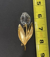 Spilla fiore tulipano vetro cristallo spilla tono oro vintage 3" L foglie sfaccettate