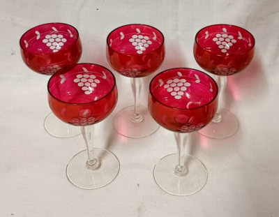 (5) Ruby Red Cut to Clear Grape Vine Design Clear Stem Wine Glass Stemware