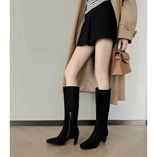 Scarpe stivali al ginocchio donna 2024 moda scamosciati punta quadrata cerniera tacco a blocco JWK - Foto 4 di 14