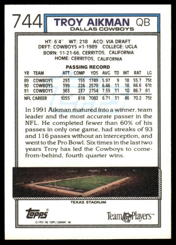 1992 Topps #744 Troy Aikman Gold - Bild 2 von 2