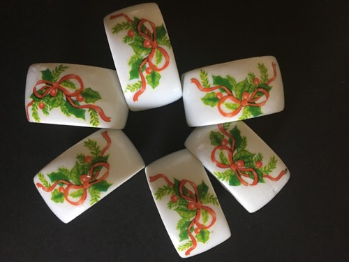 Poinsettia Holly Berries Bow Christmas Napkin Rings Holders Set Of 12 Porcelain - Picture 4 of 6