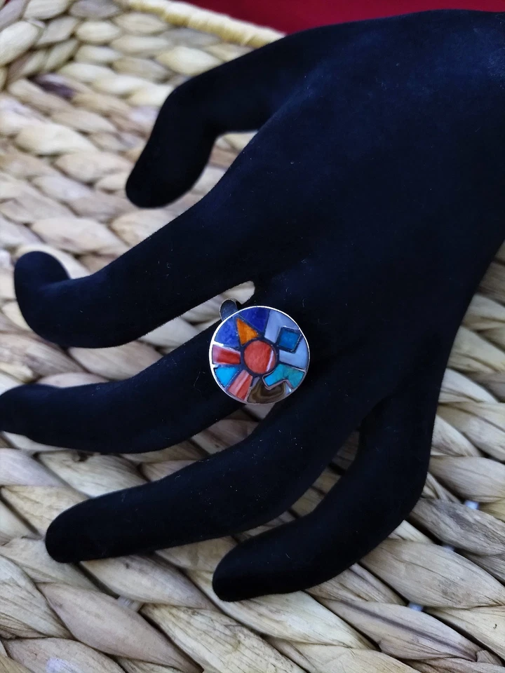 Anillo peruano hecho a mano plata 950 conchas de piedras figuras geométricas talla 7,5-8,5 Foto 4 de 4