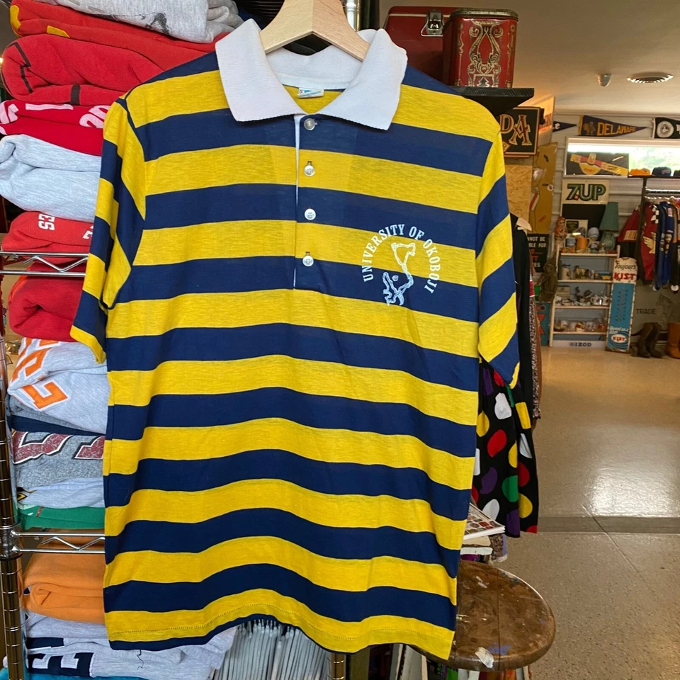 1970s Vintage CHAMPION BLUE BAR Striped Polo University of Okoboji T-shirt Foto 2 de 4