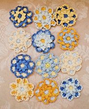 New Thread Crochet 2.25" Blues and Yellows Flower Appliques  12 Pieces