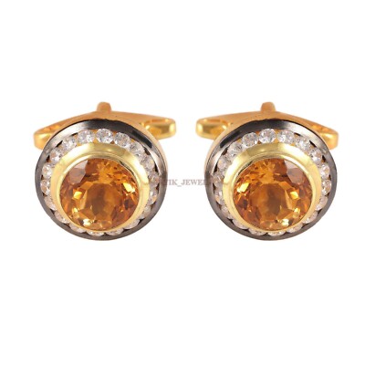 Natural Citrine Gemstone with Gold Plated 925 Sterling Silver Cufflink #2111