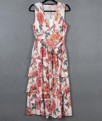 Banjanan Dress Womens Large Eliza Rose Garden Floral Sleeveless Tiered Summer