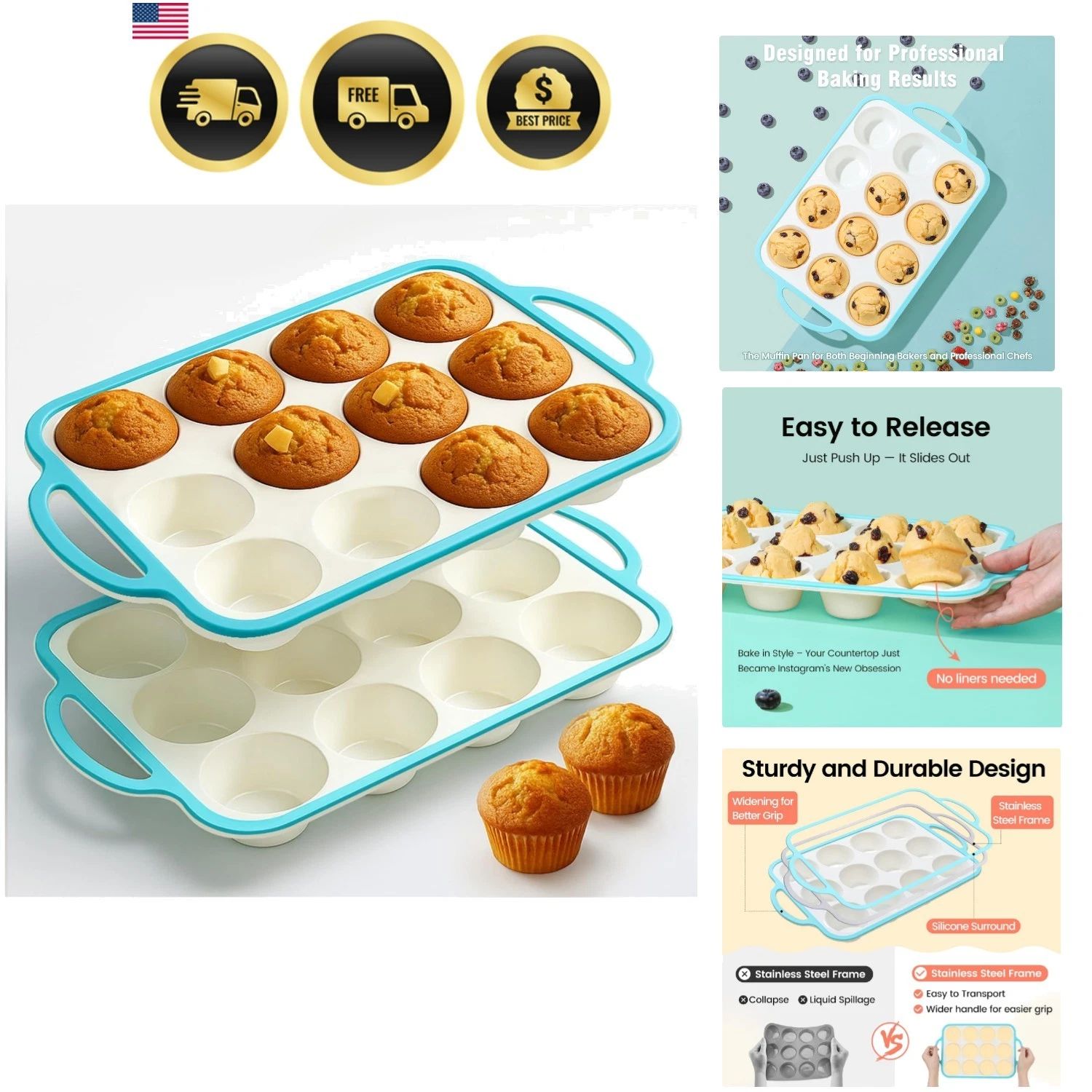 Silicone Muffin Pans for Baking 2 Pack, 2.6 Inch with Metal Reinforced Frame,...