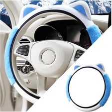 Fluffy Soft Plush Steering Wheel Cover with Kitty Cat Ears, Elastic Stretch Blue