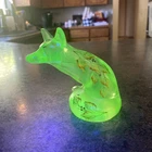 Fenton Topaz Fox Iridized Hand Painted w/ Leaves Uranium Vaseline GLOWS Signed