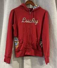 Vintage Lucky Brand Graphic Print Zip Front Hoodie Jacket Size Small