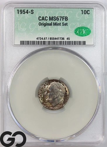 1954-S Roosevelt Dime, Full Bands, CAC MS-67 FB * Original Mint Set, Color Toner
