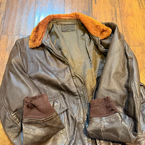 U.S. Military B-3 Brown Leather Bomber Jacket Fur Trim Zip Wool Lined Pockets 42 - product listing photo