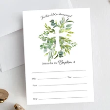 Greenery Baptism Invitations with Envelopes 25 Set for Christening Party