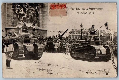 Paris France Postcard Two Military Tank Parade 1919 US Army WW1 RPPC Photo