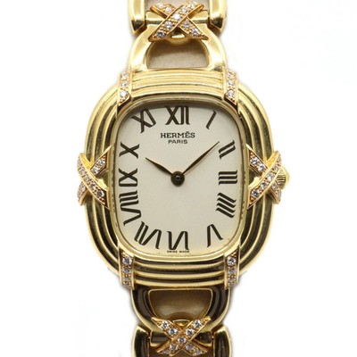 HERMES Faubourg FA1.272 Diamond Bezel 18K Yellow Gold Quartz 67.2g White Watch