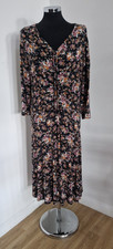 Joe Browns black floral midi dress UK 14 boho tie neck long sleeve jersey ruched