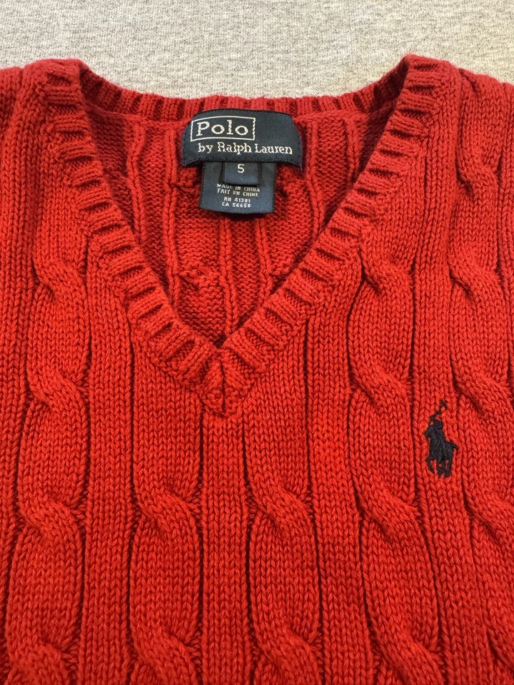 Boys Polo Ralph Lauren Red Cable Knit Sweater Vest Size 5 Navy Embroidered Logo Foto 2 de 4