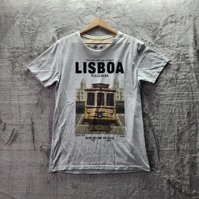 Pull&Bear Lisboa T-Shirt Men s Large Gray Lisbon Travel Graphic Vintage Style