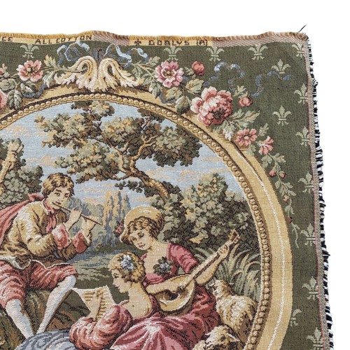 Vintage Französischer Kelche Wandteppich 19x19 Zoll - Musikszene mit Mann Frau & Cherub - Bild 4 von 9
