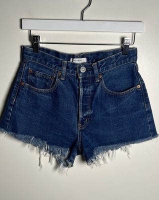 Moussy Shorts 1 / US Small Womens High Rise Medium Wash Denim Raw Hem Button Fly
