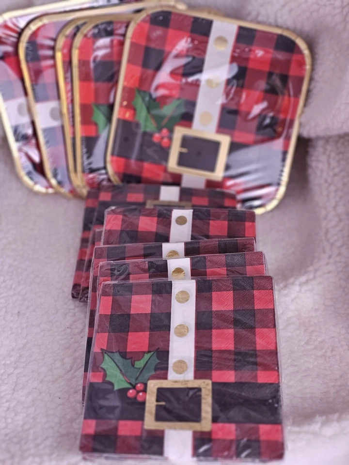 Juego de 5 servilletas y 5 platos de fiesta con cinturón de Papá Noel navideño NUEVO sellado a cuadros Foto 2 de 4