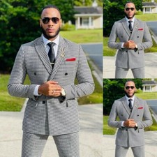 Double Breasted Houndstooth Men's Blazer Jacket Black and White Peak LapelCoat