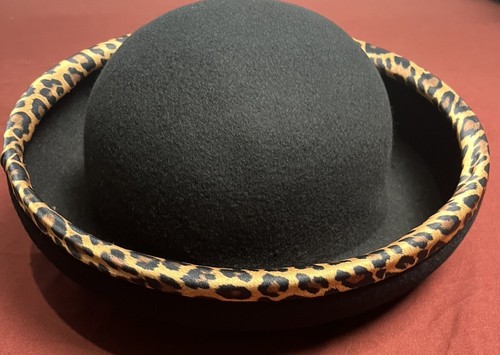Vintage Women’s Hat Leopard Trimmed Wool Derby Brown 100% wool good Quality - Picture 2 of 8