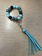Teal Blue Leopard Wooden  Silicone Beaded Wristlet Keychain With Tassel