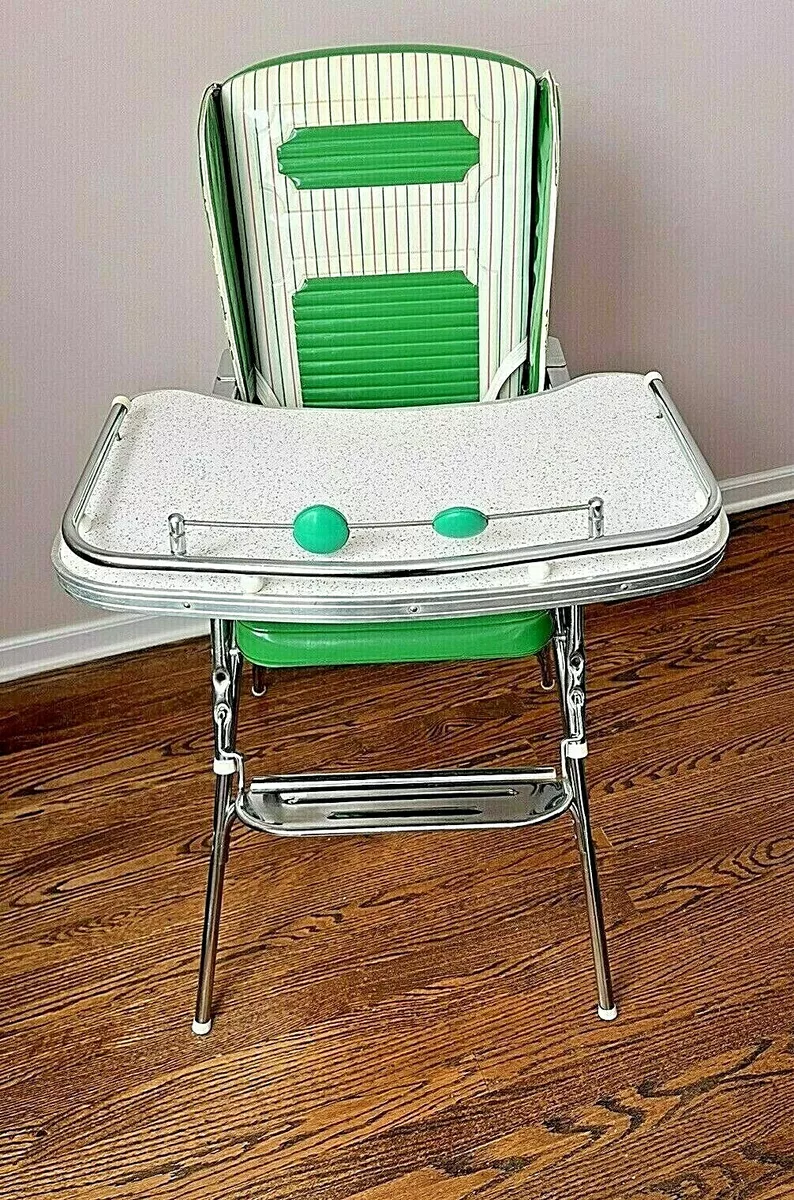 Vintage High Chair Rare Green Vinyl and Chrome with Attached Toy