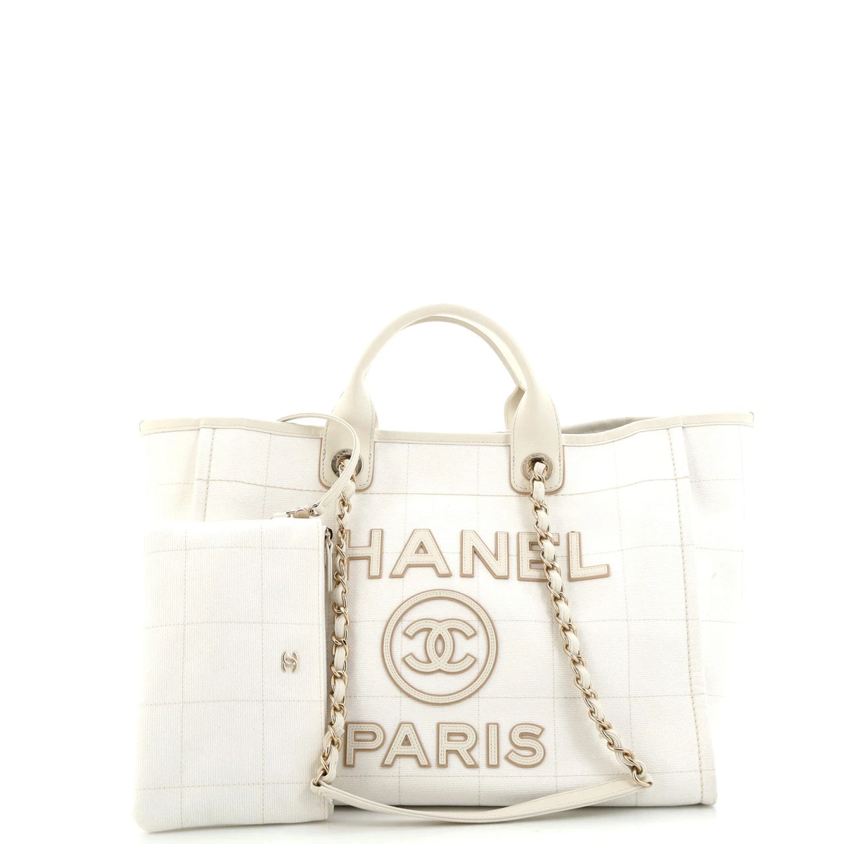 Chanel Deauville NM Tote Stitched Canvas Large White 2388431