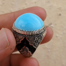 Blue Feroza Mens Ring Sterling Silver 925 Ring with Real Blue Feroza Turquoise