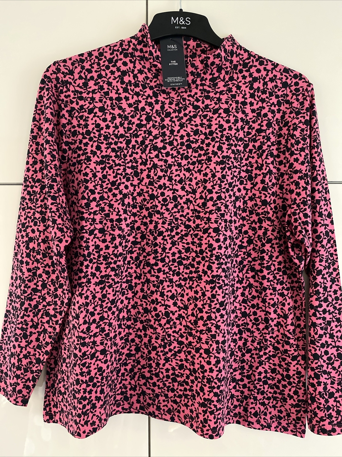 M&S Ladies Pink & Black Fitted Base Layer Top 22 Stretch Cotton Long