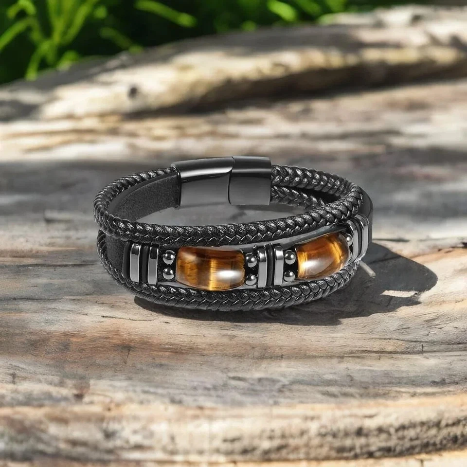 Pulsera Ojo de Tigre Cuero Negro Hombres Energía Cristal Piedra Curación Reiki Regalo Foto 4 de 4
