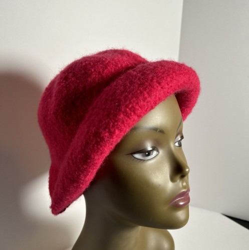 Vtg Retro Vibrant Pink Wool Felt Dress Hat Umarked With Fold back From Shapeable - Picture 5 of 8