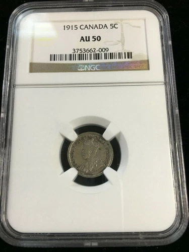 1915  NGC Graded Canadian,  ¢5 Cent, **AU-50**