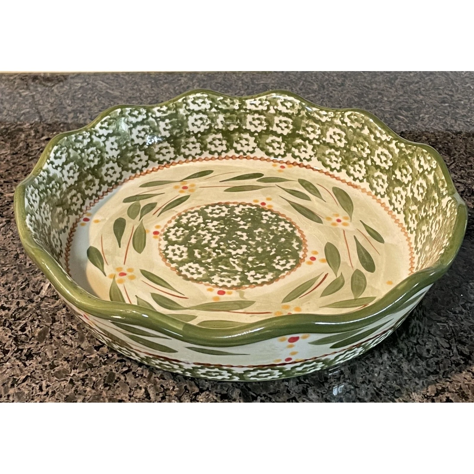 Temptations Old World Green 1 QT Ceramic Floral Baking Pie Dish Scalloped Edge