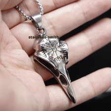 Stainless Steel Nordic Viking Raven Crow Skull Vegvisir Pendant Necklace For Men