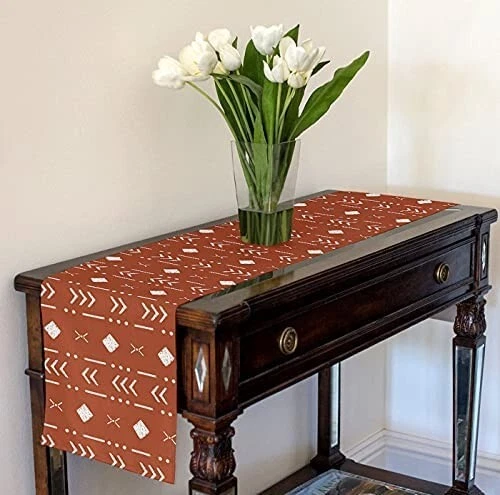Boho Bohemio Tribal Óxido Quemado Naranja Blanco Estampado Geométrico Decorativo Tablerun Foto 2 de 2