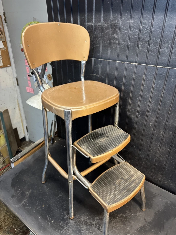 Mid Century Cosco Retro Style Farmhouse Counter Chair/Step Stool Chrome Tan - Image 2 of 4