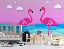 3D Paper Cutout Flamingo Ocean Clouds Wall Murals Wallpaper Murals Wall Sticker