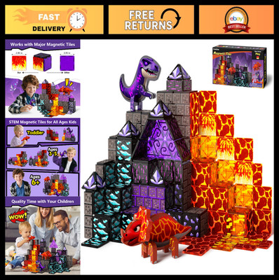 Dinosaur Magnetic Building Tiles Set - Lava Cave Playset for Kids 3-8, STEM Toys